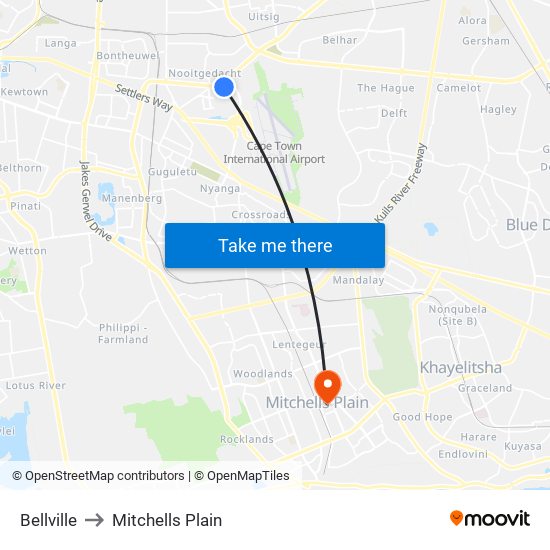 Bellville to Mitchells Plain map