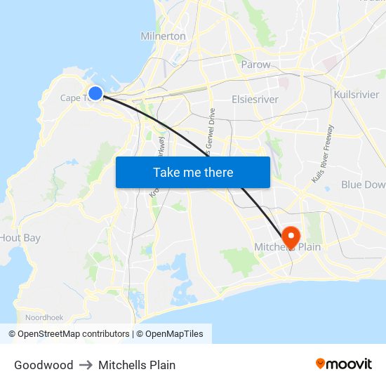 Goodwood to Mitchells Plain map