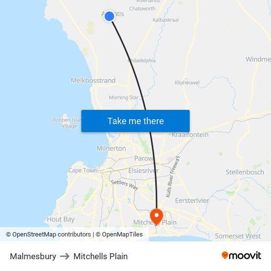 Malmesbury to Mitchells Plain map