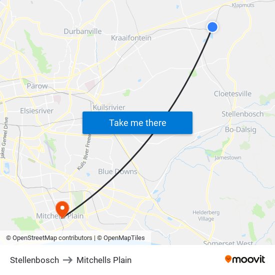 Stellenbosch to Mitchells Plain map