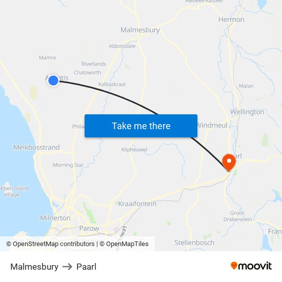 Malmesbury to Paarl map