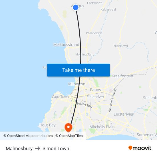 Malmesbury to Simon Town map