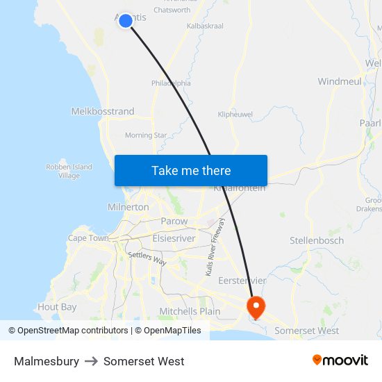 Malmesbury to Somerset West map