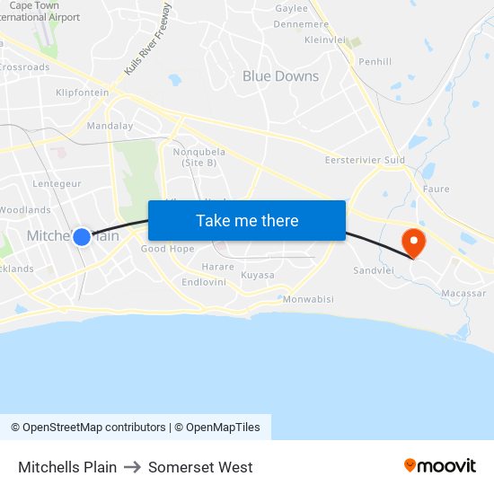 Mitchells Plain to Somerset West map