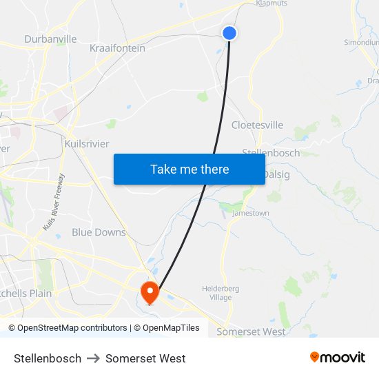 Stellenbosch to Somerset West map