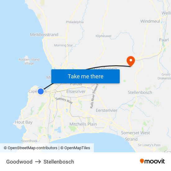 Goodwood to Stellenbosch map