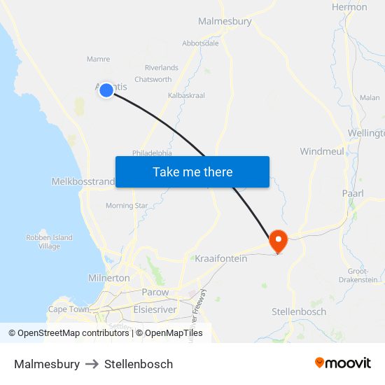 Malmesbury to Stellenbosch map