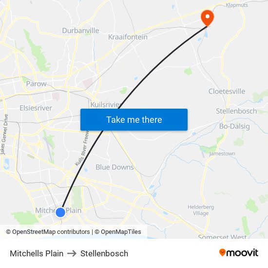Mitchells Plain to Stellenbosch map