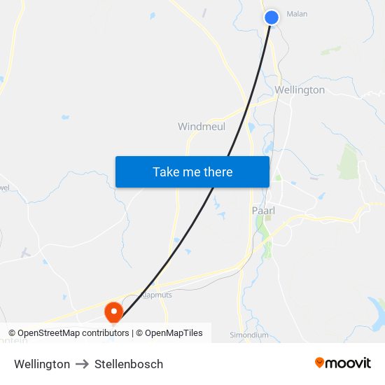 Wellington to Stellenbosch map