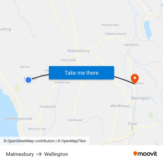 Malmesbury to Wellington map