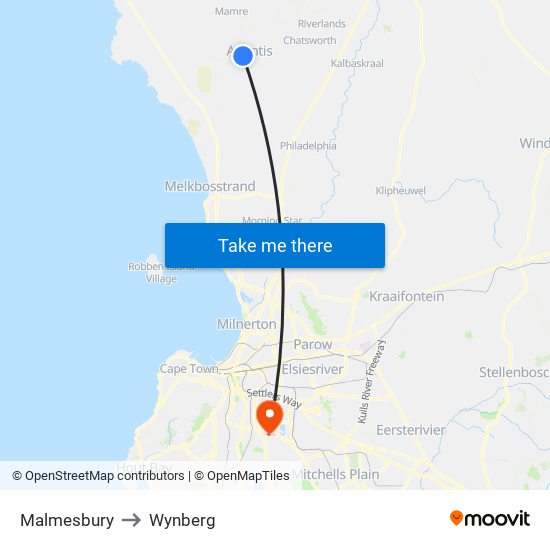 Malmesbury to Wynberg map