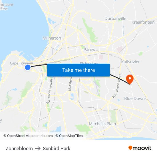 Zonnebloem to Sunbird Park map