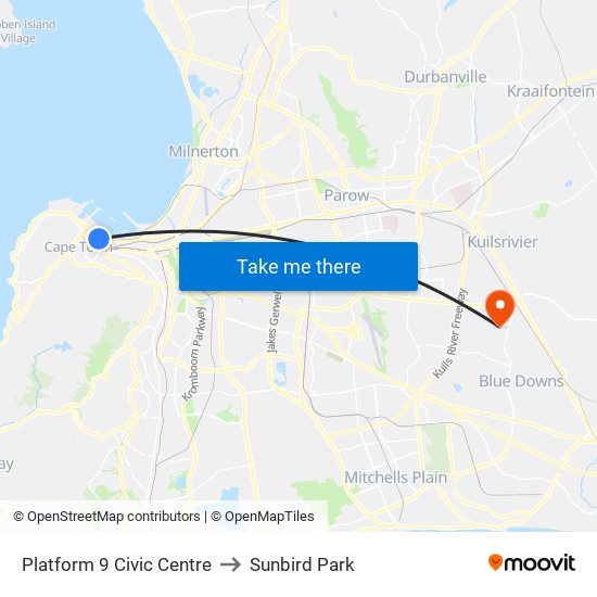 Platform 9 Civic Centre to Sunbird Park map