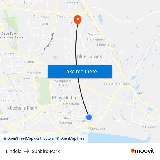 Lindela to Sunbird Park map