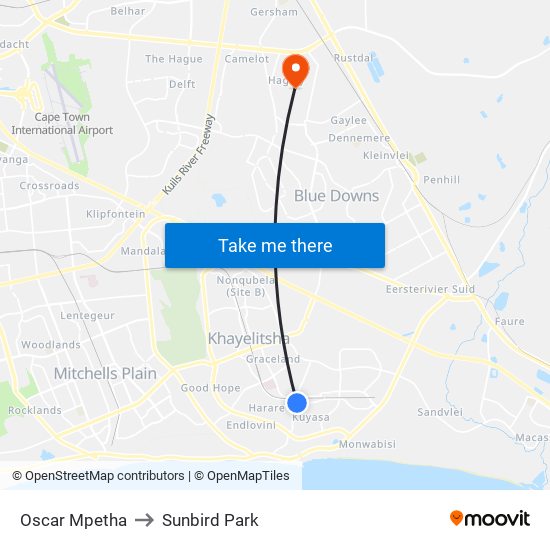 Oscar Mpetha to Sunbird Park map