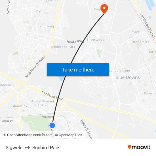 Sigwele to Sunbird Park map