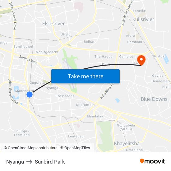 Nyanga to Sunbird Park map
