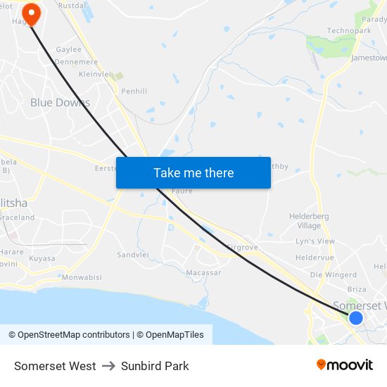 Somerset West to Sunbird Park map