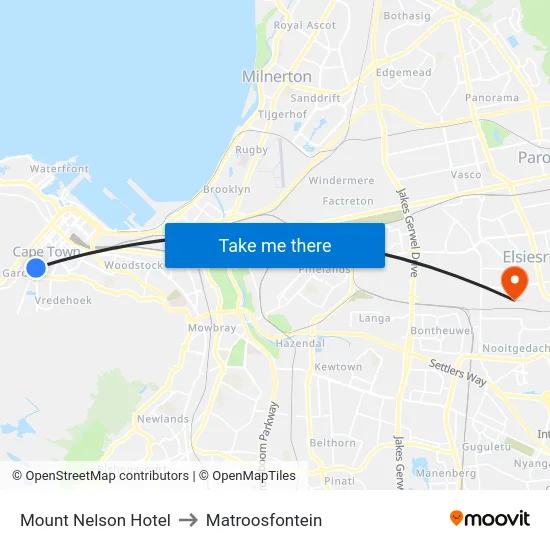 Mount Nelson Hotel to Matroosfontein map