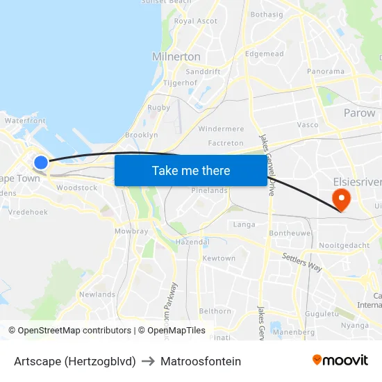 Artscape (Hertzogblvd) to Matroosfontein map