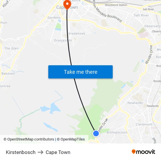 Kirstenbosch to Cape Town map