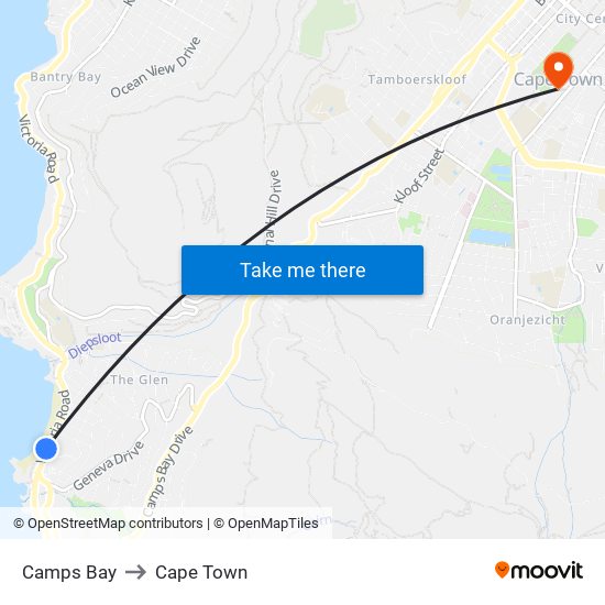 Camps Bay to Cape Town map