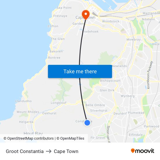 Groot Constantia to Cape Town map