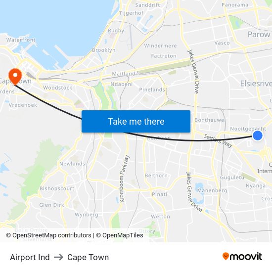 Airport Ind to Cape Town map