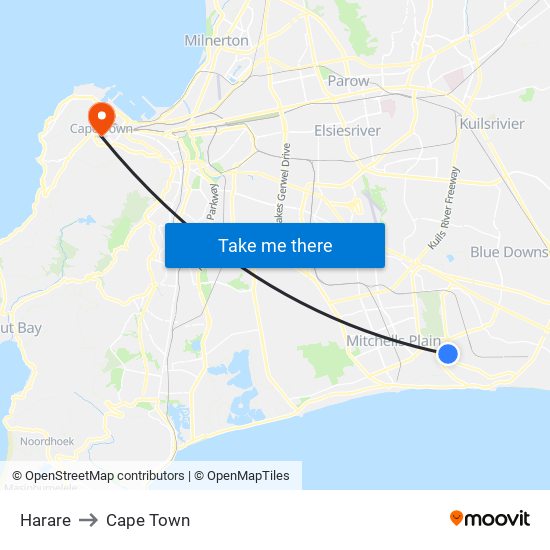 Harare to Cape Town map