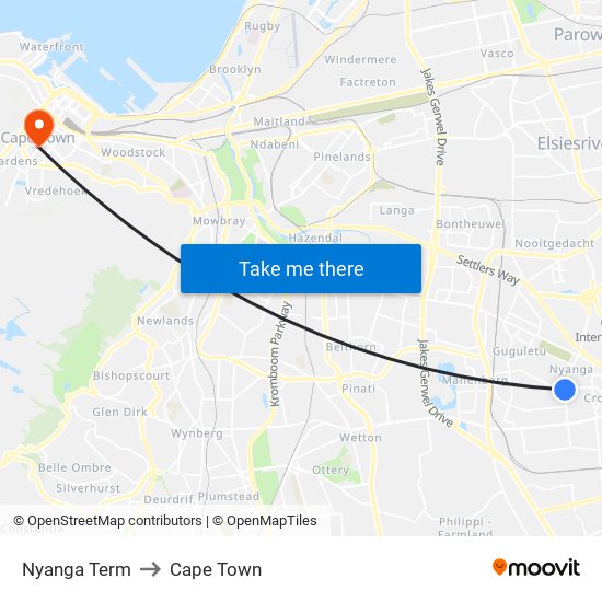 Nyanga Term to Cape Town map