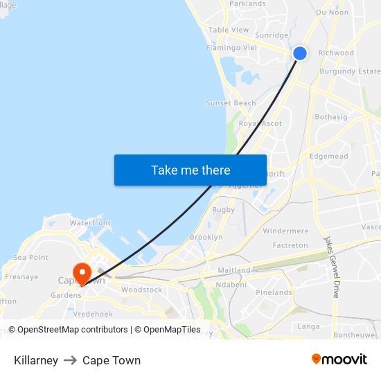 Killarney to Cape Town map