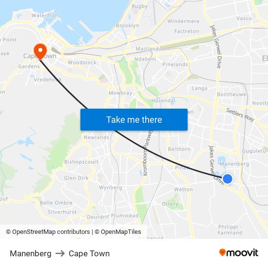 Manenberg to Cape Town map
