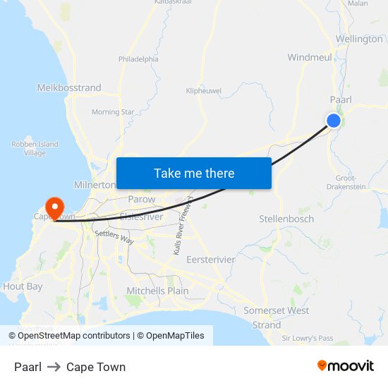 Paarl to Cape Town map
