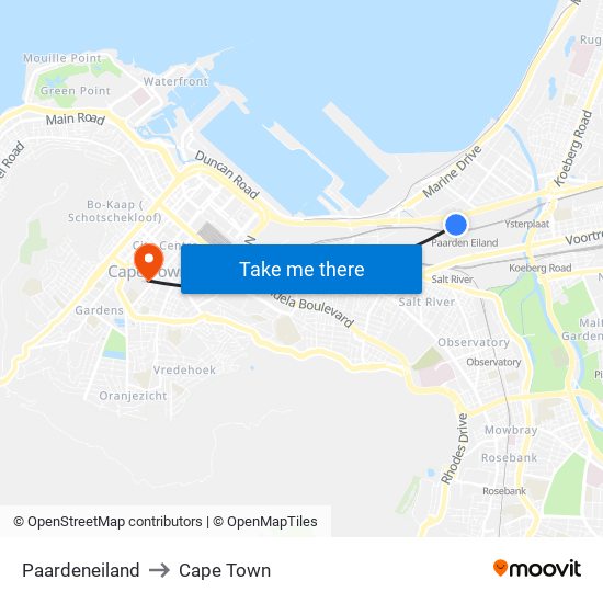 Paardeneiland to Cape Town map