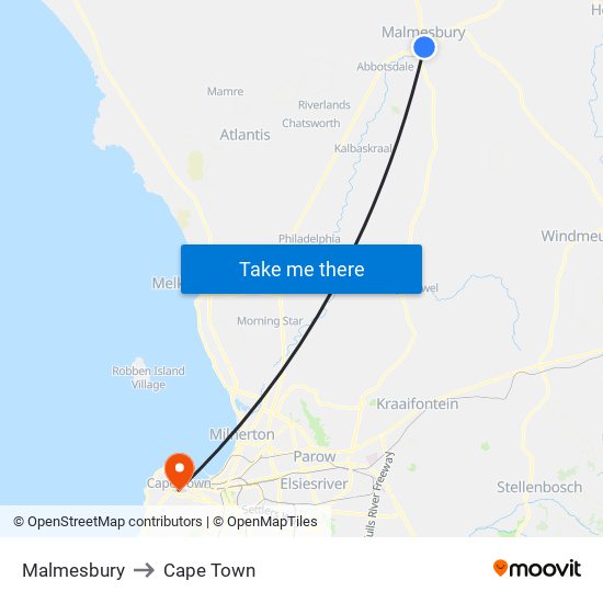 Malmesbury to Cape Town map
