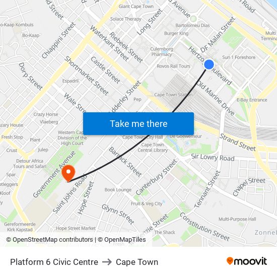 Platform 6 Civic Centre to Cape Town map