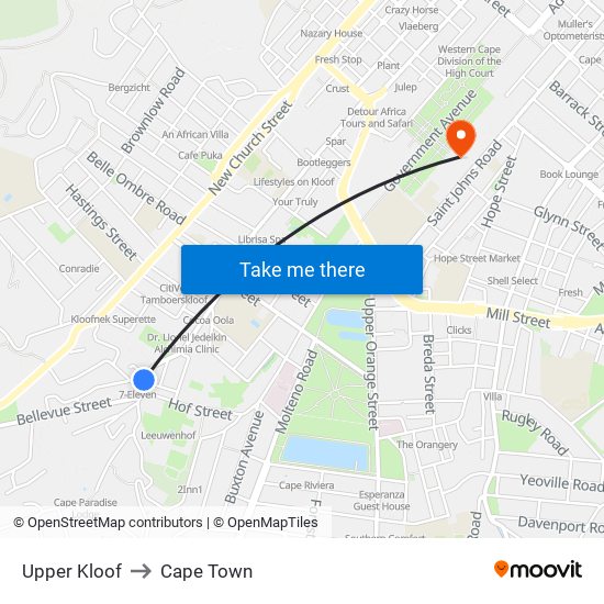 Upper Kloof to Cape Town map