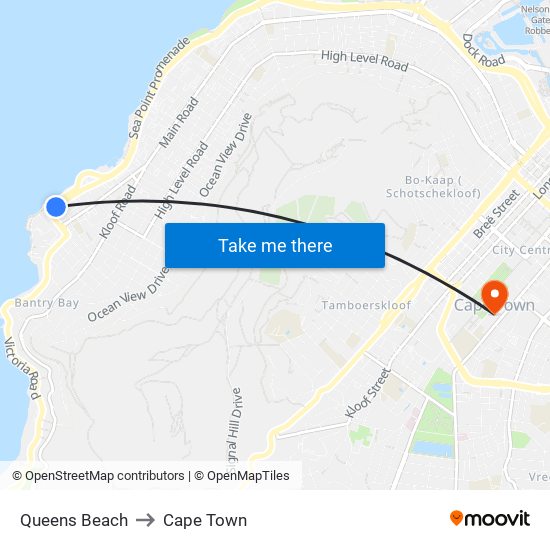 Queens Beach to Cape Town map