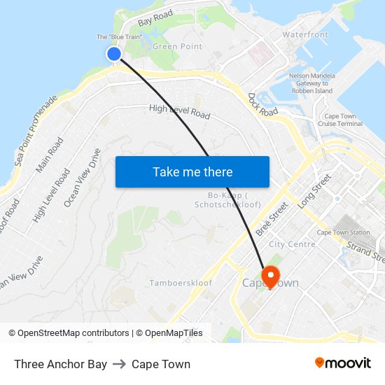 Three Anchor Bay to Cape Town map