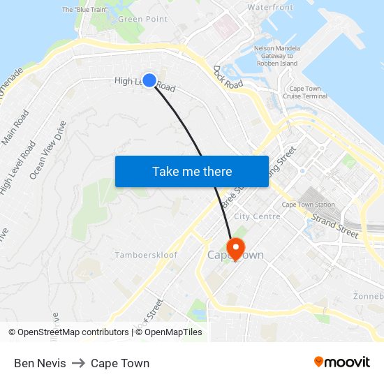 Ben Nevis to Cape Town map