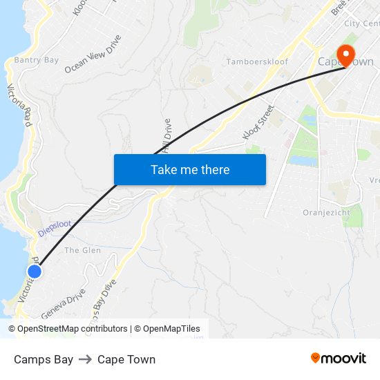 Camps Bay to Cape Town map