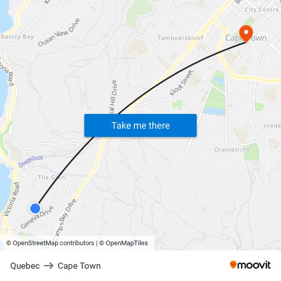Quebec to Cape Town map