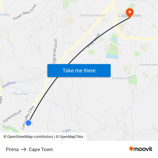 Prima to Cape Town map