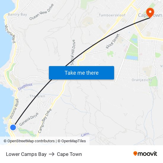 Lower Camps Bay to Cape Town map