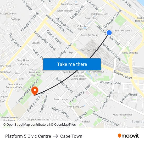 Platform 5 Civic Centre to Cape Town map