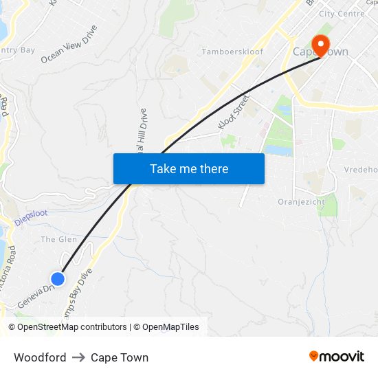 Woodford to Cape Town map