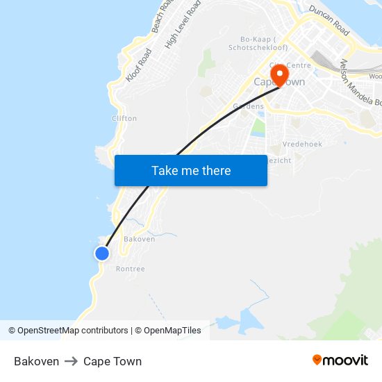 Bakoven to Cape Town map