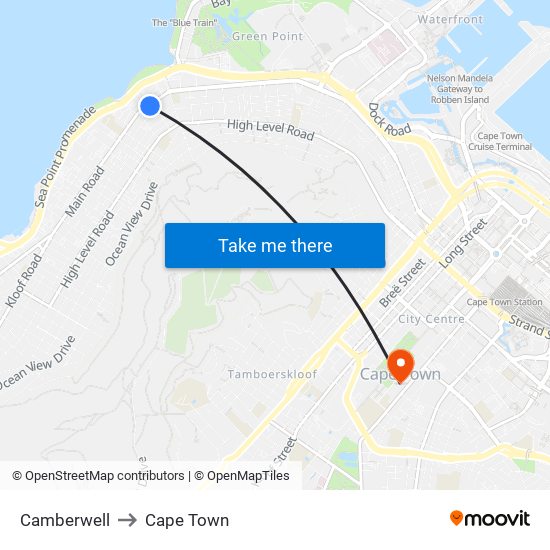 Camberwell to Cape Town map