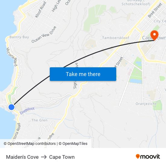 Maiden's Cove to Cape Town map