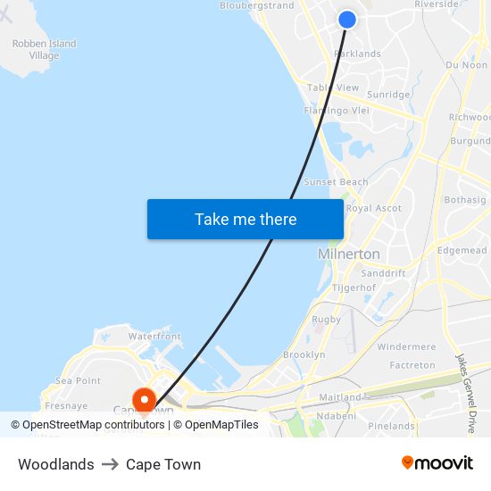 Woodlands to Cape Town map